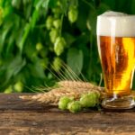 A glass of beer on a wooden table with wheat and hops in the background.